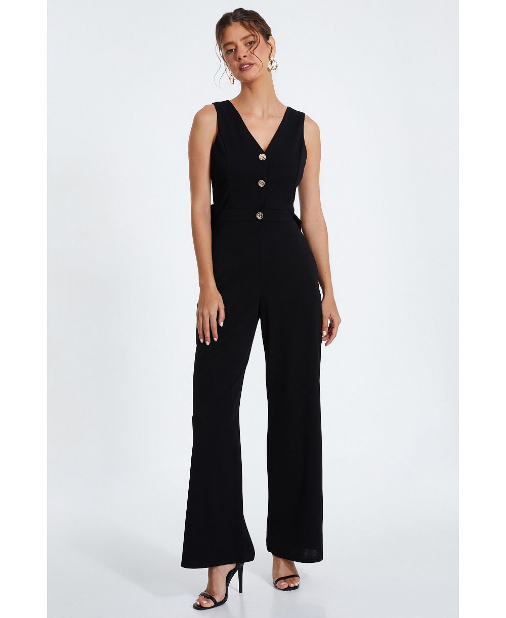 QUIZ Women's Scuba Crepe Button Front Jumpsuit - Black