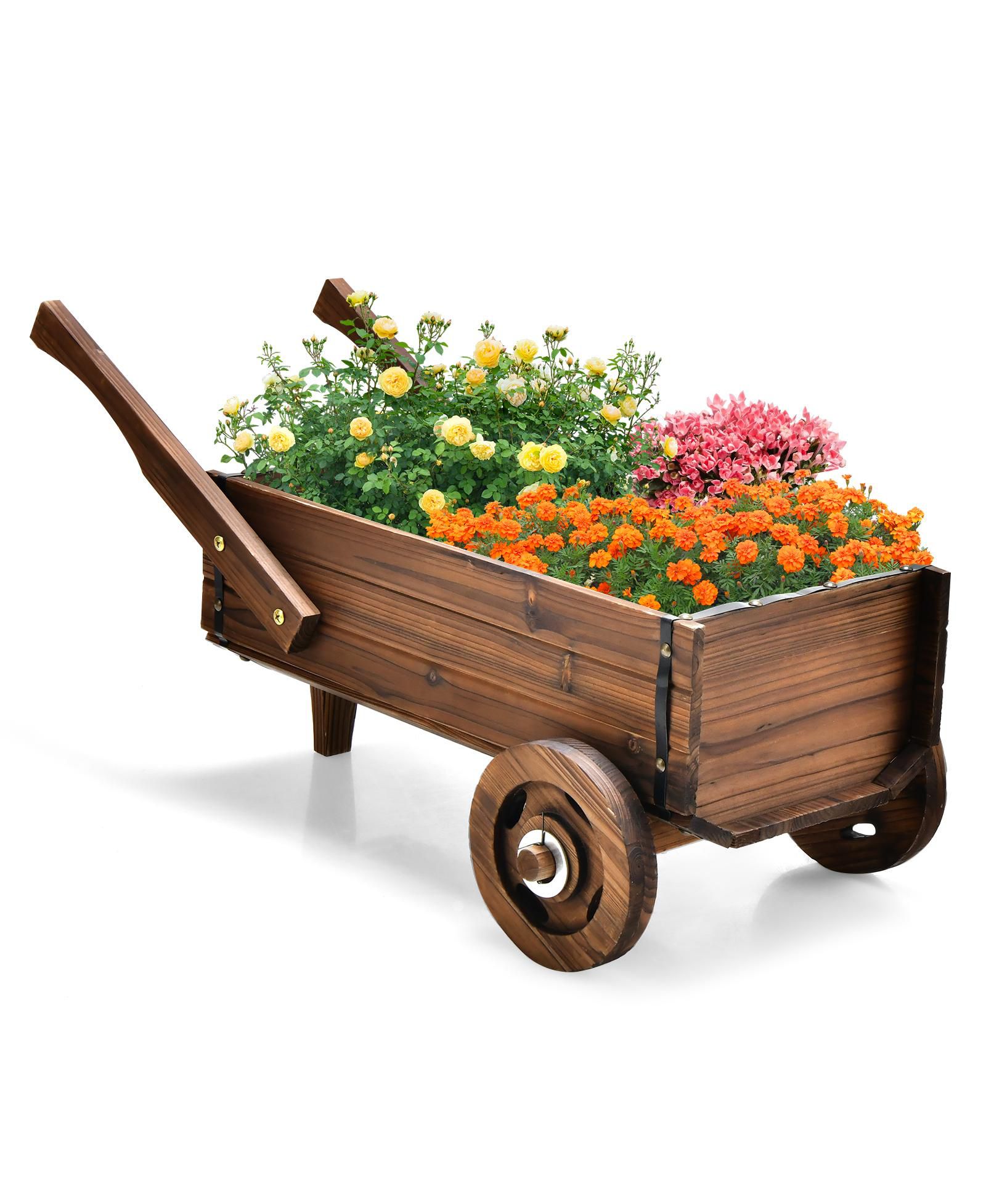 SUGIFT Wooden Wagon Planter Box с Wheels, Handles и Drainage Hole