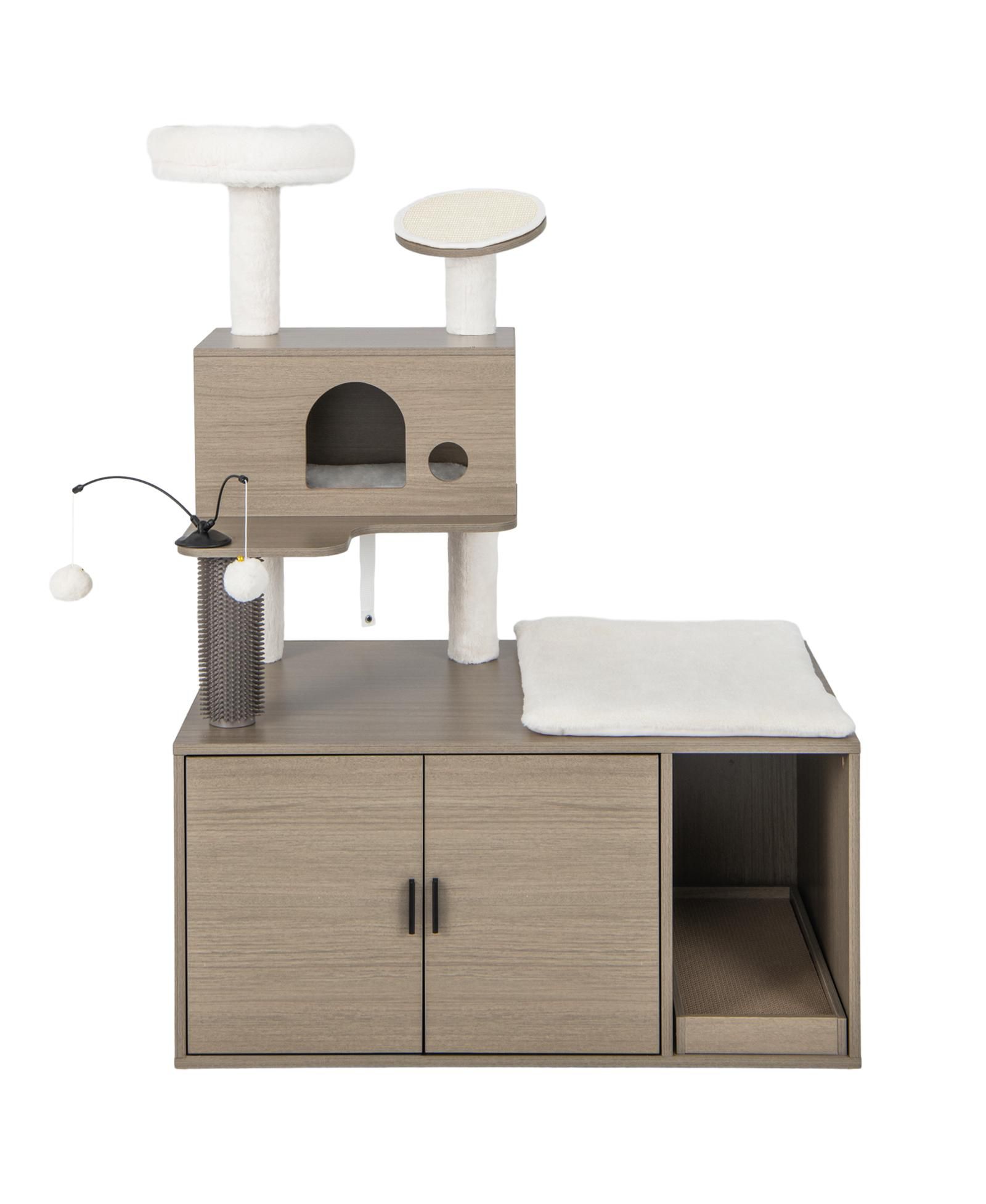 SUGIFT 2-in-1 Modern Cat Tower with Litter Box Enclosure for Indoor Cars-Gray
