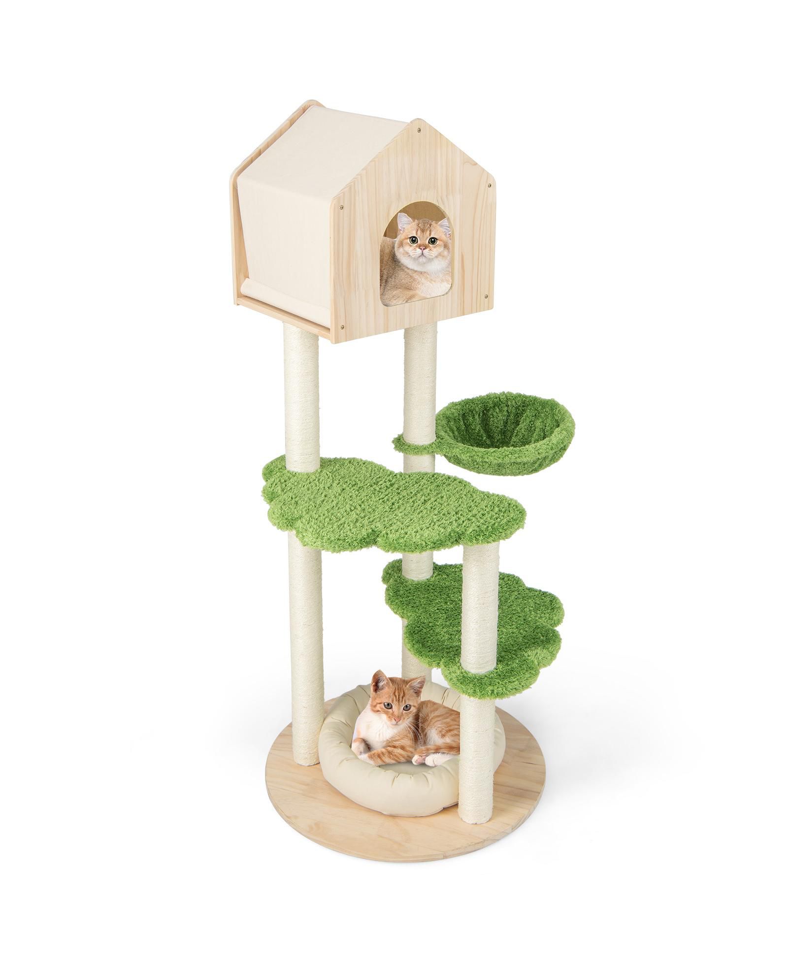 55 in Tall Cat Climbing Tree with Solid Pine Frame, Sisal Posts, Hammock, Soft Bed and 2 Platforms, Green