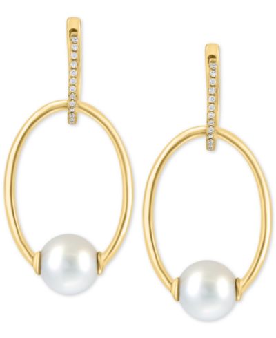 EFFY® Cultured Freshwater Pearl (7mm) & Diamond (1/10 ct. t.w.) Doorknocker Drop Earrings in 14k Gold