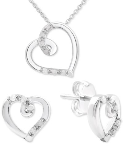 Macy's комплект из 2 предметов: подвеска с бриллиантовым сердцем и подходящие серьги-гвоздики (1/6 ct. t.w.), стерлинговое серебро