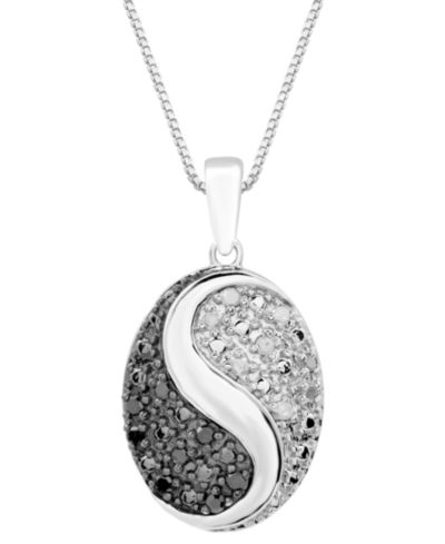 Подвеска-кулон Oval 18" в форме Инь-Ян с черными и белыми бриллиантами, Sterling Silver, 1/6 ct. t.w.