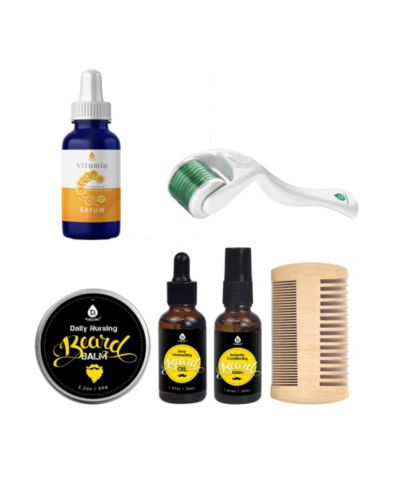 Pursonic Beard Care Grooming Kit, Micro Needle Derma Roller 0.5 mm, and Vitamin C Serum (3 fl. oz) Gift Bundle