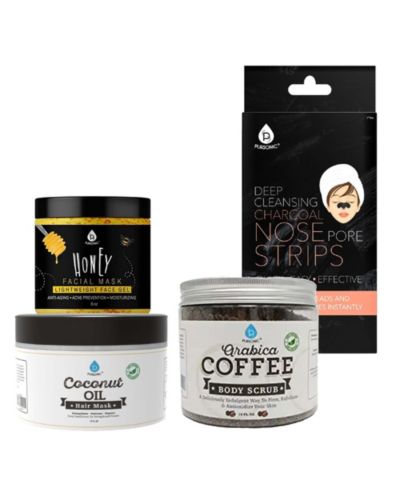 Pursonic Pamper & Glow Gift Bundle (6 pack Deep Cleansing Charcoal Nose Pore Strip, 100% Natural Arabica Coffee Body Scrub 14 Oz, 100% Natural Coconut Oil Hair Mask 10 Oz and Honey Facial Mask 8 Oz)