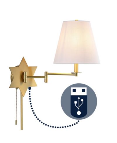 Настенное бра JONATHAN Y David 18.5" 1-Light Modern French Country Swing Arm Plug-In or Hardwired Iron LED Star с pull-chain и USB Charging Port