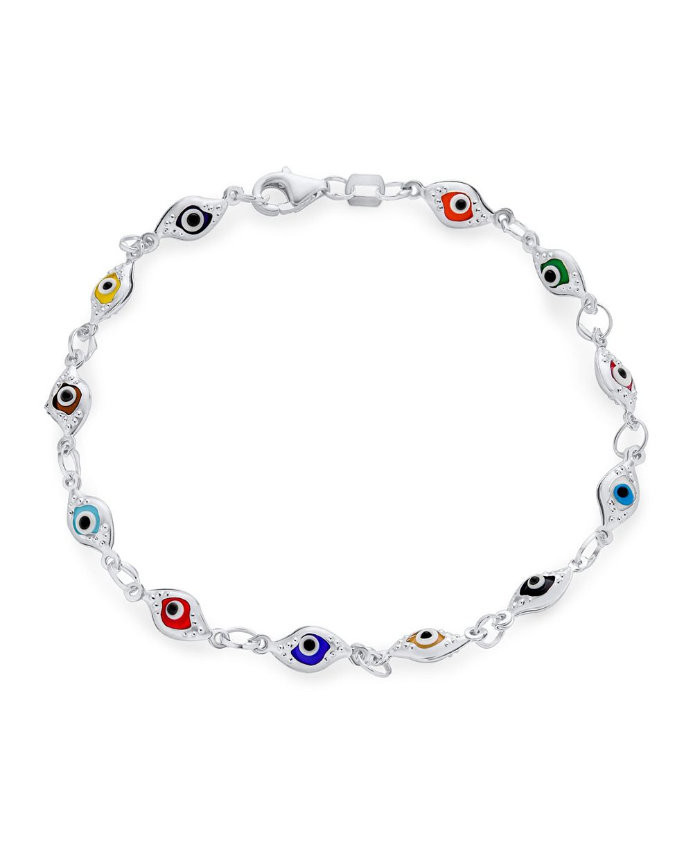 Bling Jewelry Turkish Multicolor Evil Eye Strand Charm Bracelet .925 Sterling Silver