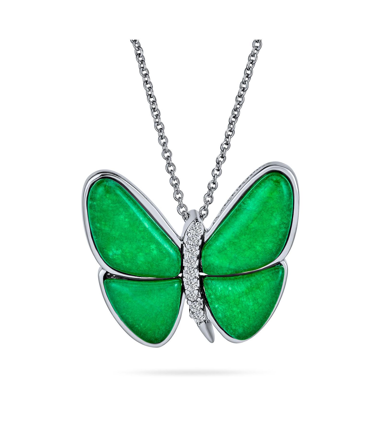 Серебряное ожерелье Bling Jewelry с зеленым малайским нефритом кварцем и бабочкой