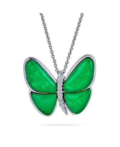 Bling Jewelry Green Malaysian Jade Quartz Garden Insect Butterfly Necklace Silver Plated