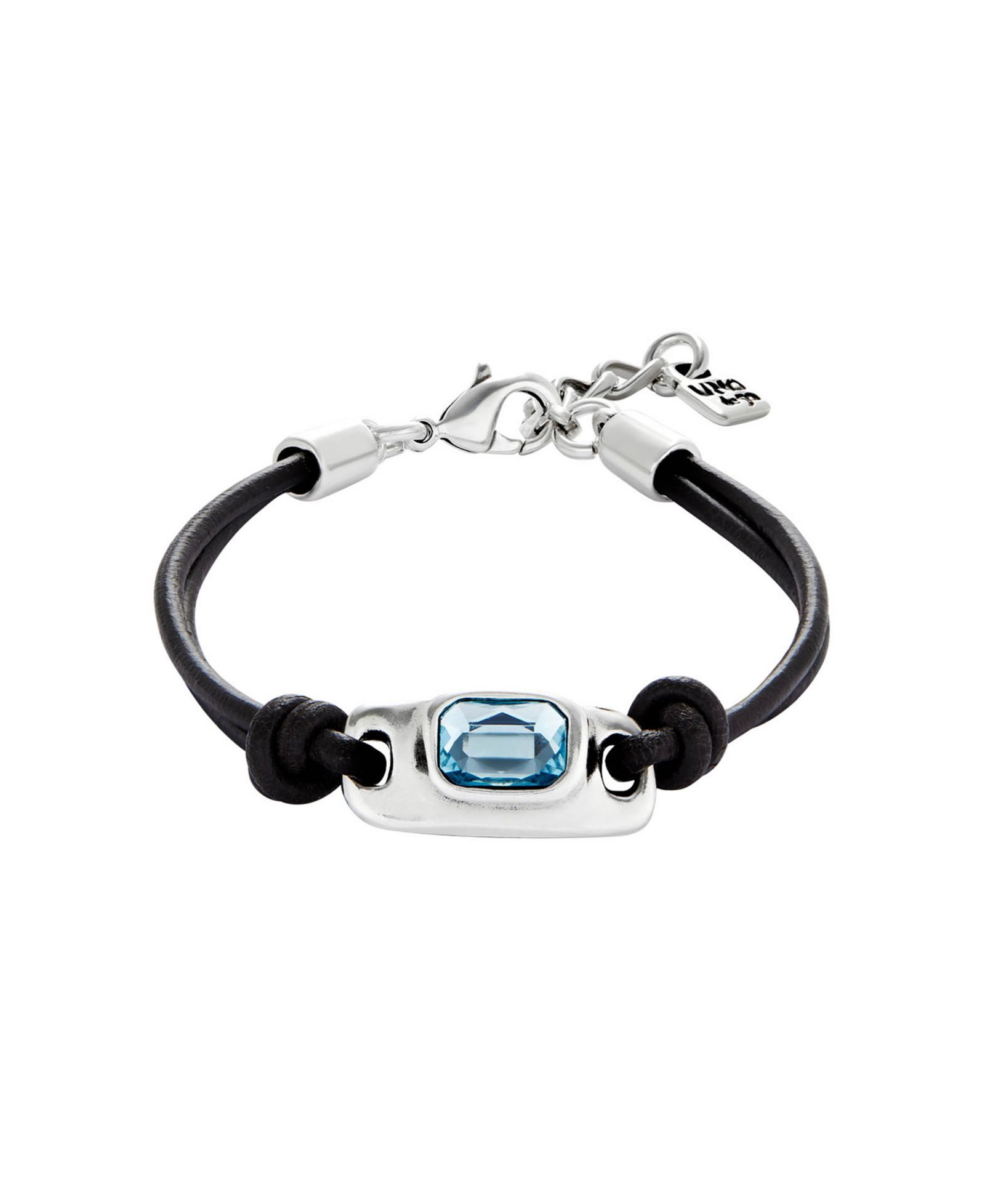UNOde50 Leather and Metal Alloy Bracelet, plated in Sterling Silver, with Blue Faceted Glass