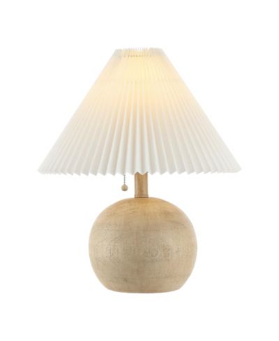 Aksel 17.25" Coastal Scandinavian Resin/Iron Sphere LED Table Lamp with Pleated Shade and Pull Chain, Beige Wood Finish/White