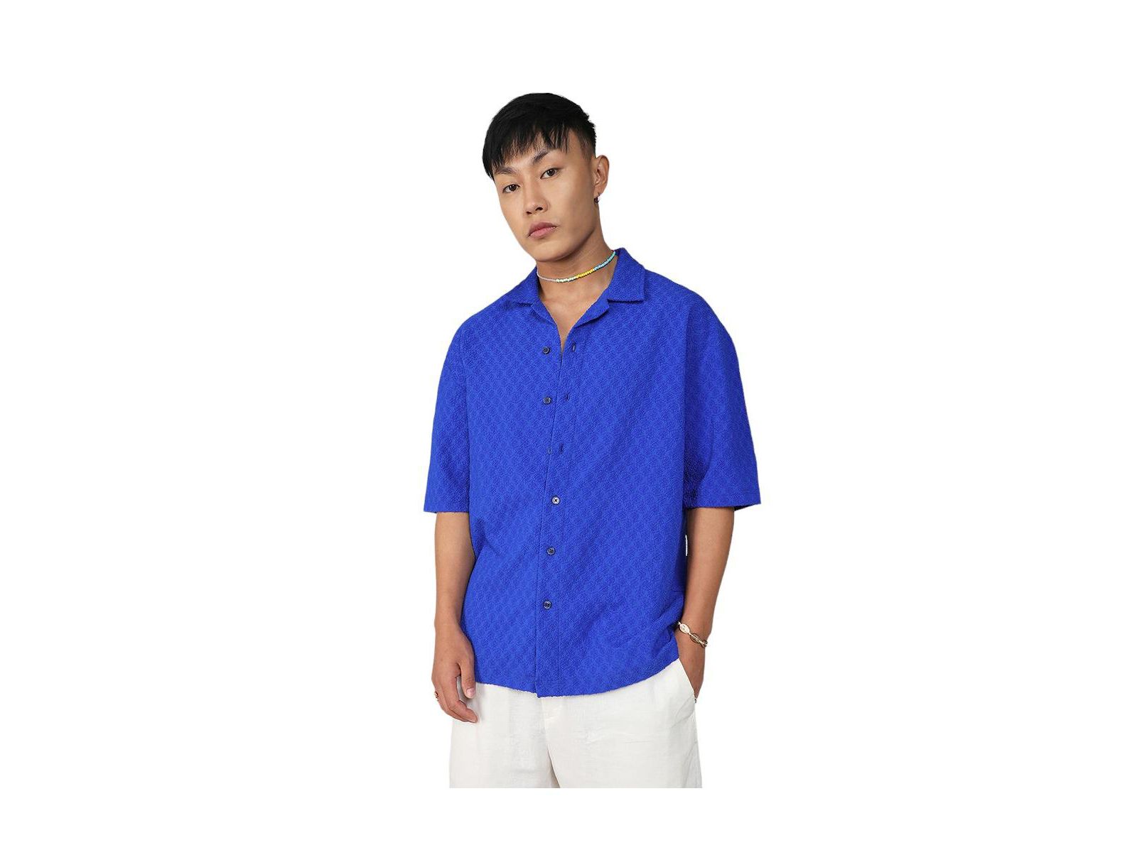 Men's Royal Blue Textured Geometric Oversized Shirt