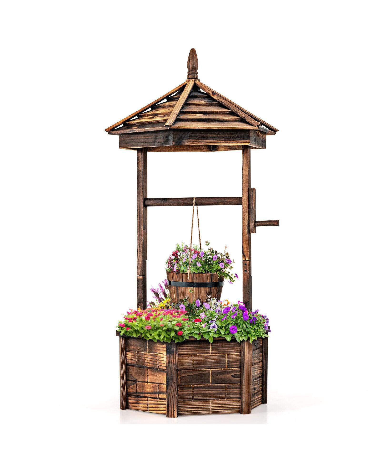 Rustic Wooden Wishing Well with Hexagonal Shadow Roof, Adjustable Hanging Bucket and Drain Hole in Brown