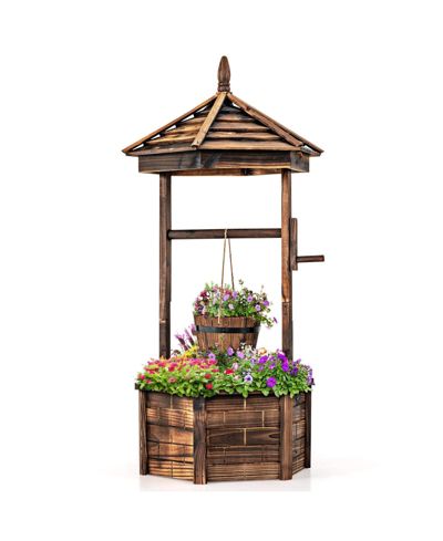 Rustic Wooden Wishing Well with Hexagonal Shadow Roof, Adjustable Hanging Bucket and Drain Hole in Brown