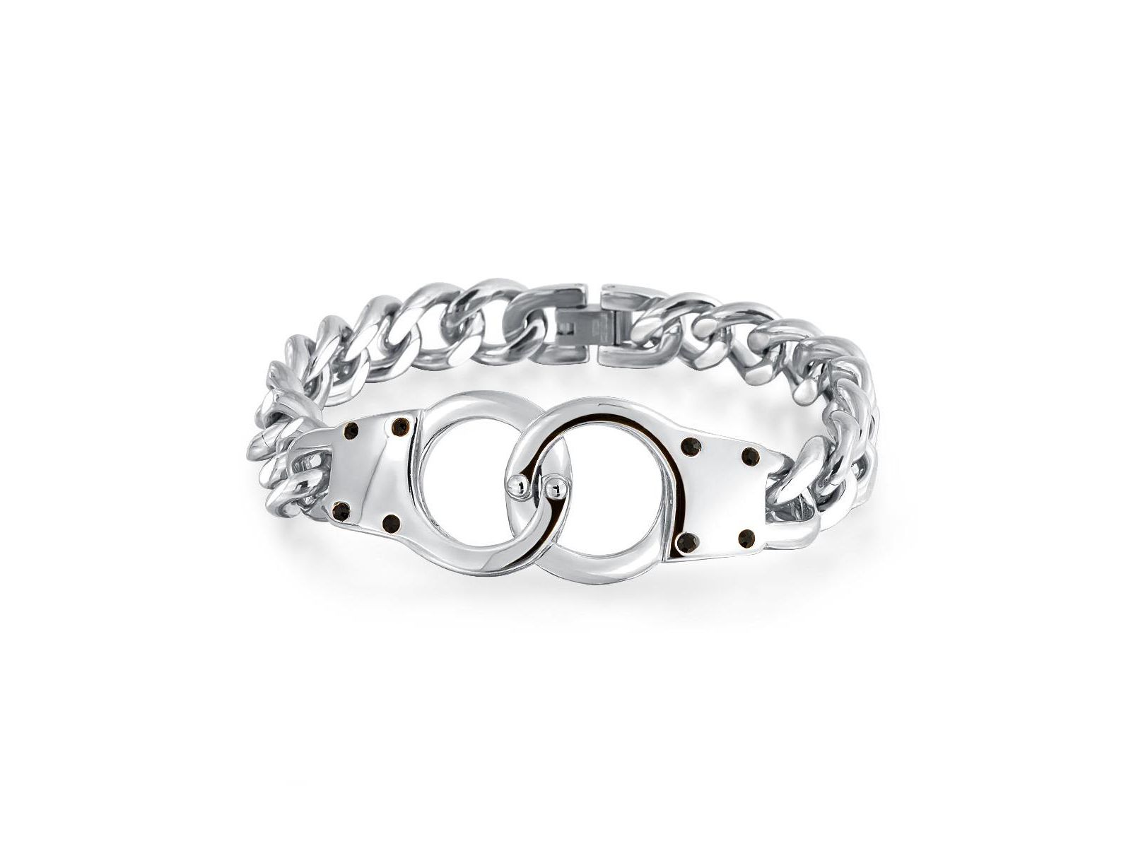 Bling Jewelry Men's Handcuff Lock Curb Chain Bracelet Black or Silver Stainless Steel 9"
