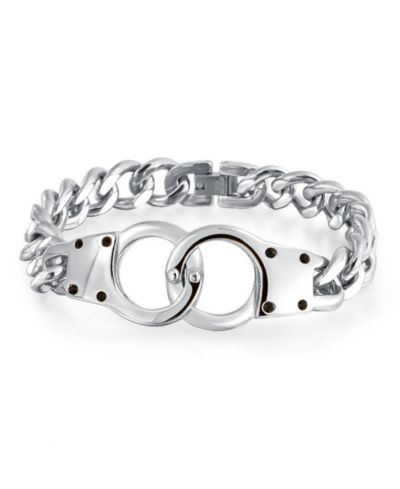 Bling Jewelry Men's Handcuff Lock Curb Chain Bracelet Black or Silver Stainless Steel 9"
