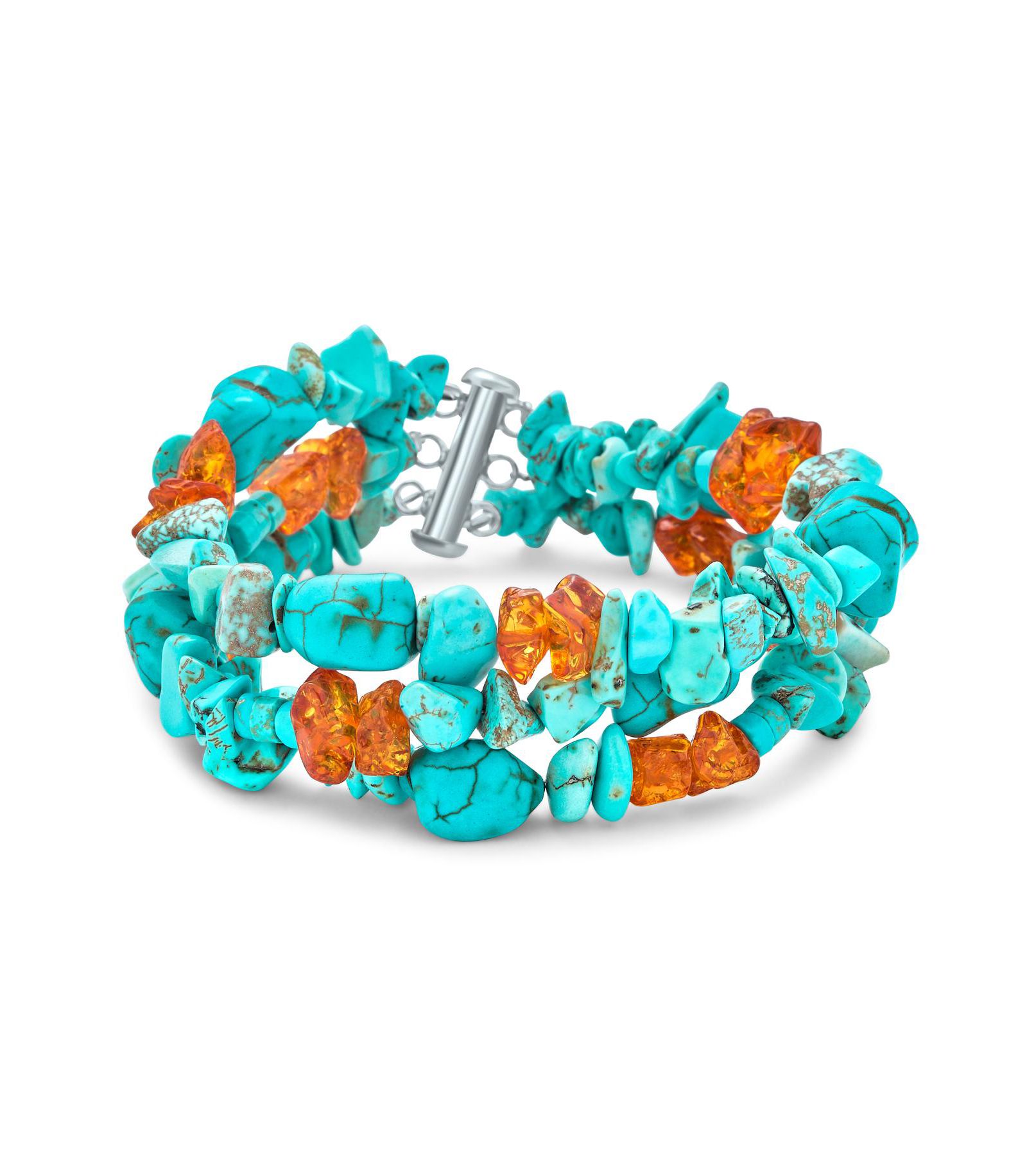 Bling Jewelry Aqua Blue Turquoise Amber Gemstone 3 Strand Wide Bracelet Sterling Silver