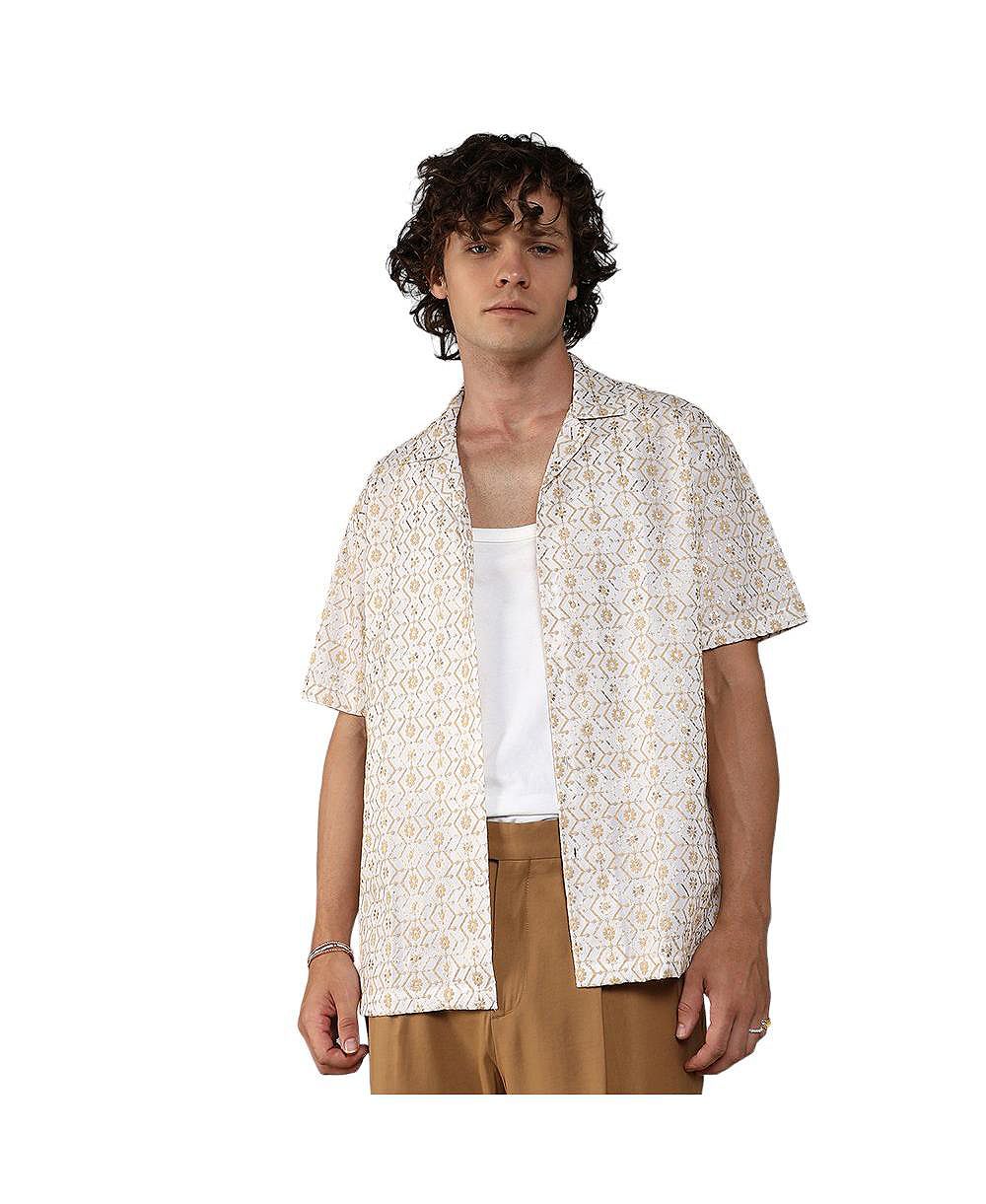 Campus Sutra Men's Off-White & Beige Embroidered Geometric Shirt