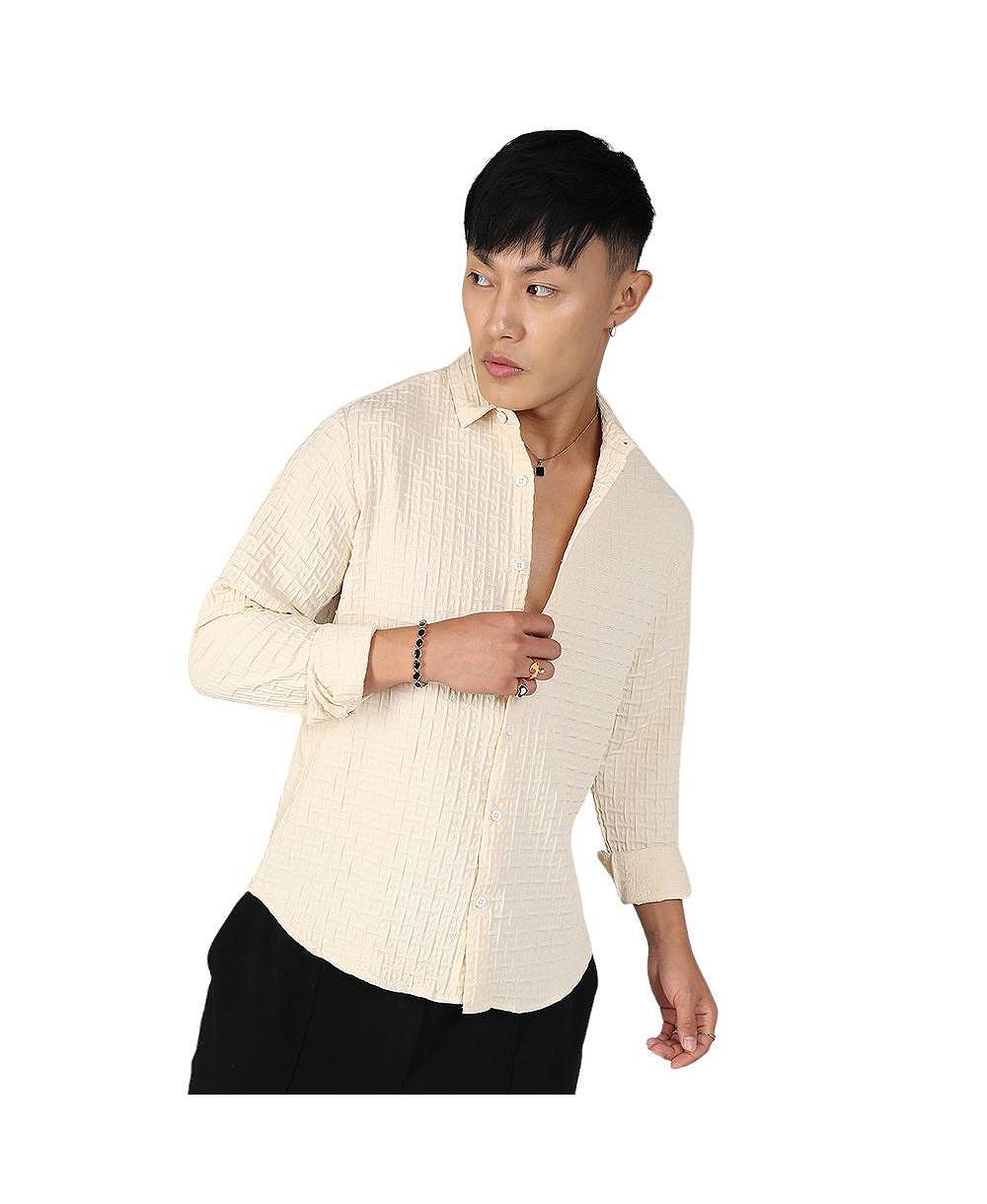 Cahoot Men's Campus Sutra Pale Yellow Textured Weave Shirt