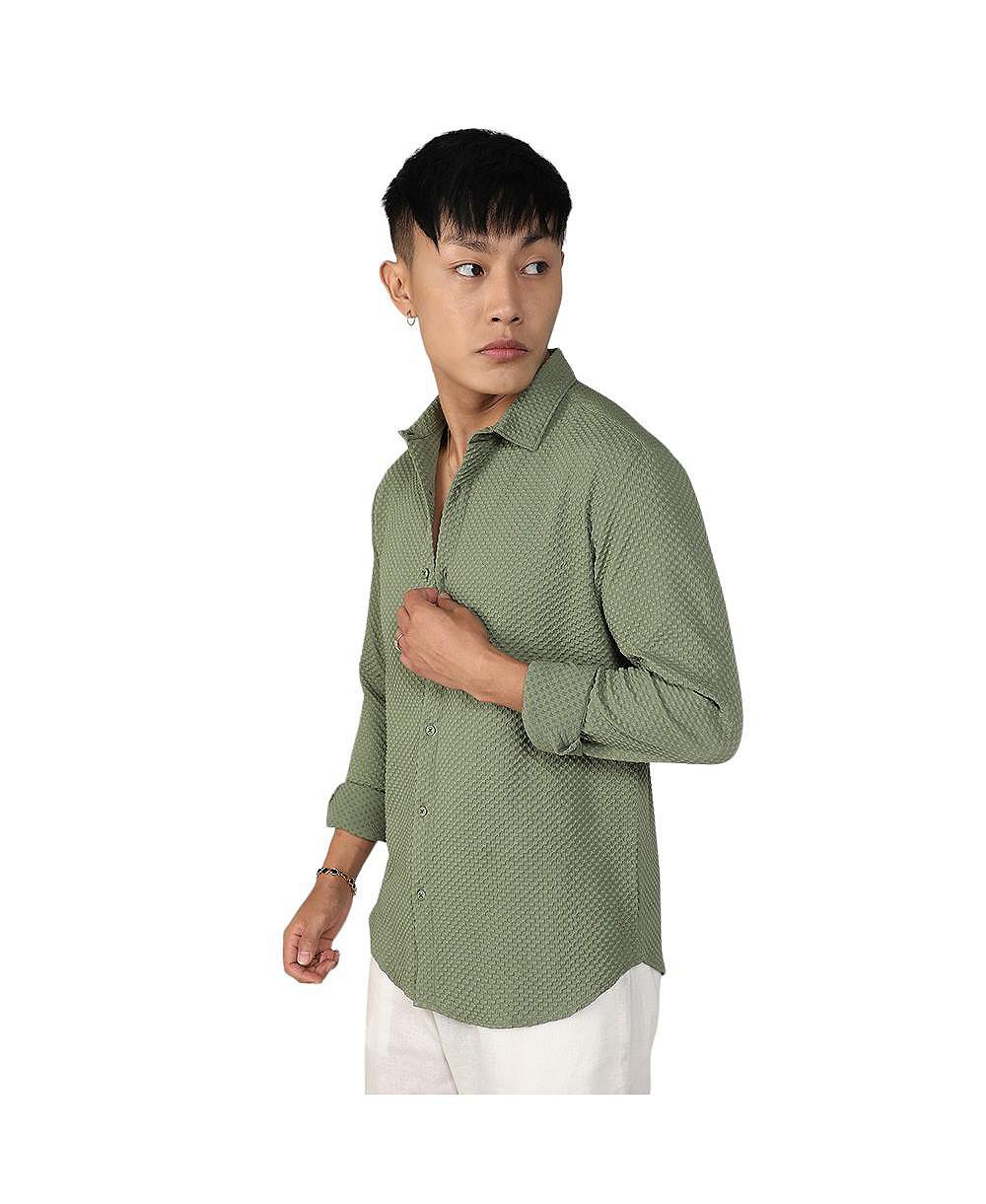 Cahoot Men's Campus Sutra Pistachio Green Textured Micro Buffalo Check Shirt