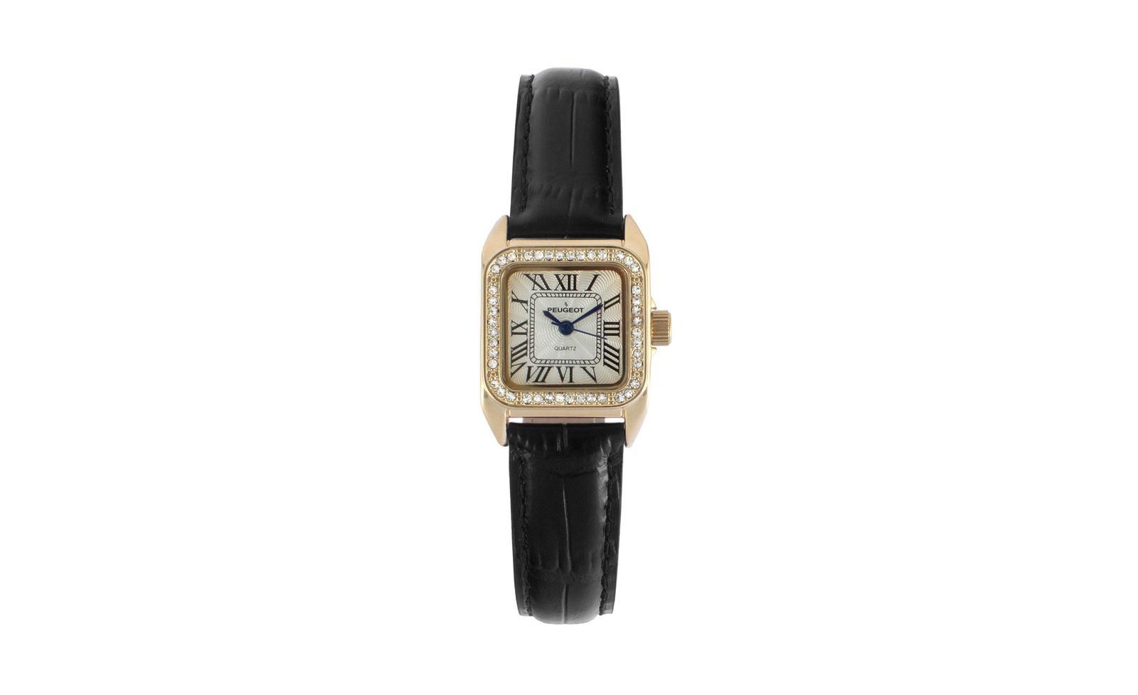 Peugeot Women's 34x24mm Tank Watch with Crystal Bezel Black Leather Strap