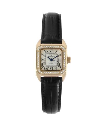 Peugeot Women's 34x24mm Tank Watch with Crystal Bezel Black Leather Strap