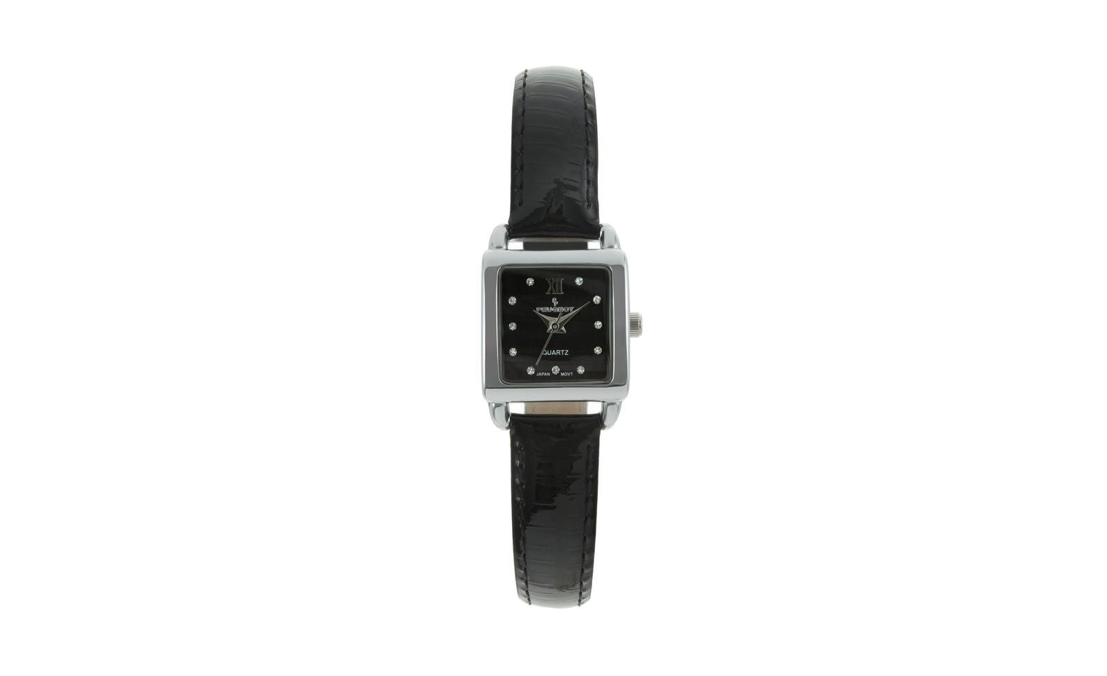 Peugeot Women's 20mm Square Watch with Glossy Black Leather Strap