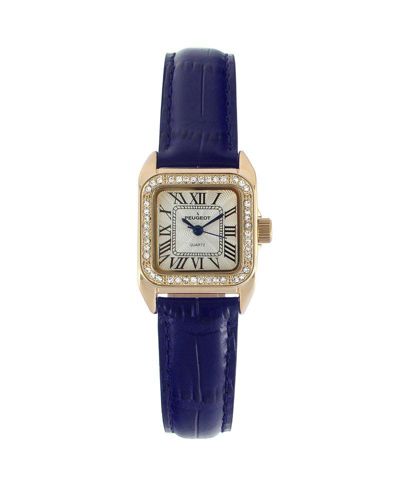 Peugeot Women's 34x24mm Tank Watch with Crystal Bezel Blue Leather Strap