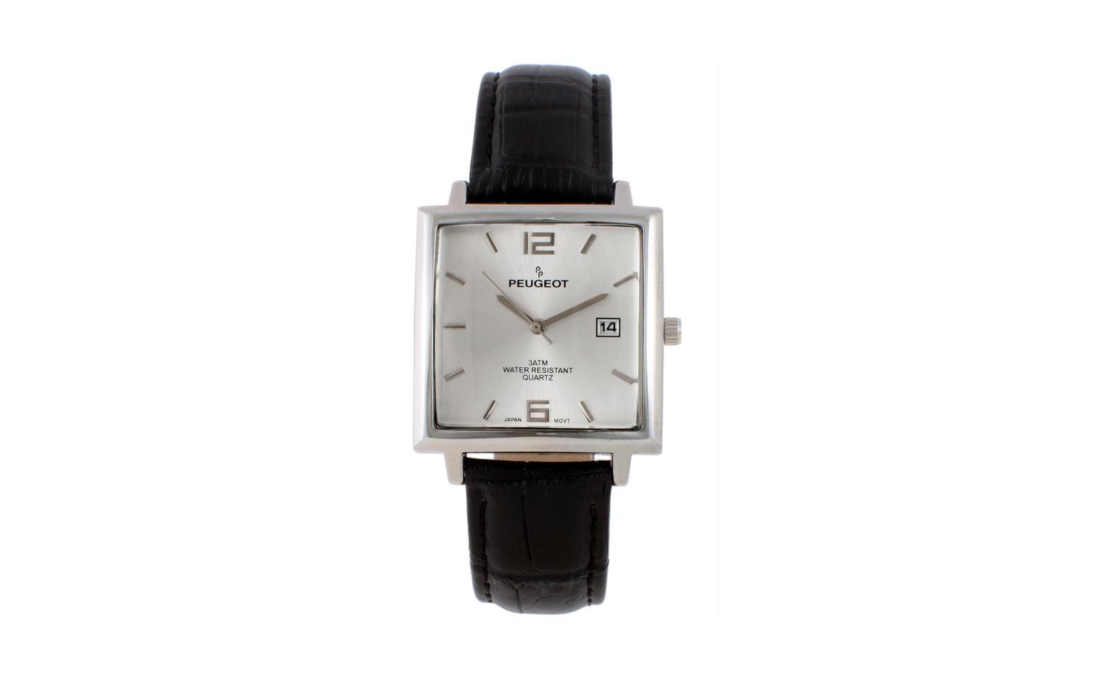 Peugeot Men's 35mm Silver Plated Square Watch with Black leather Strap