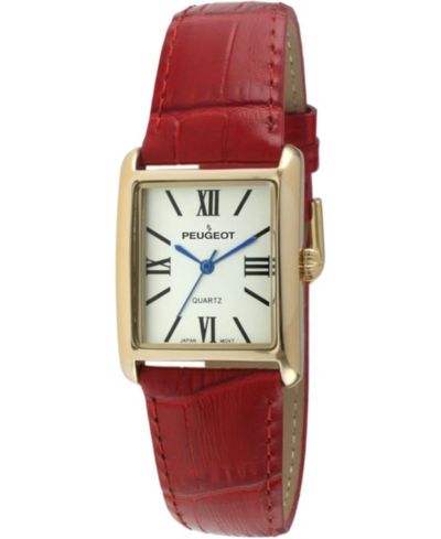 Peugeot Women's Tank Watch Roman Dial Red Leather Strap