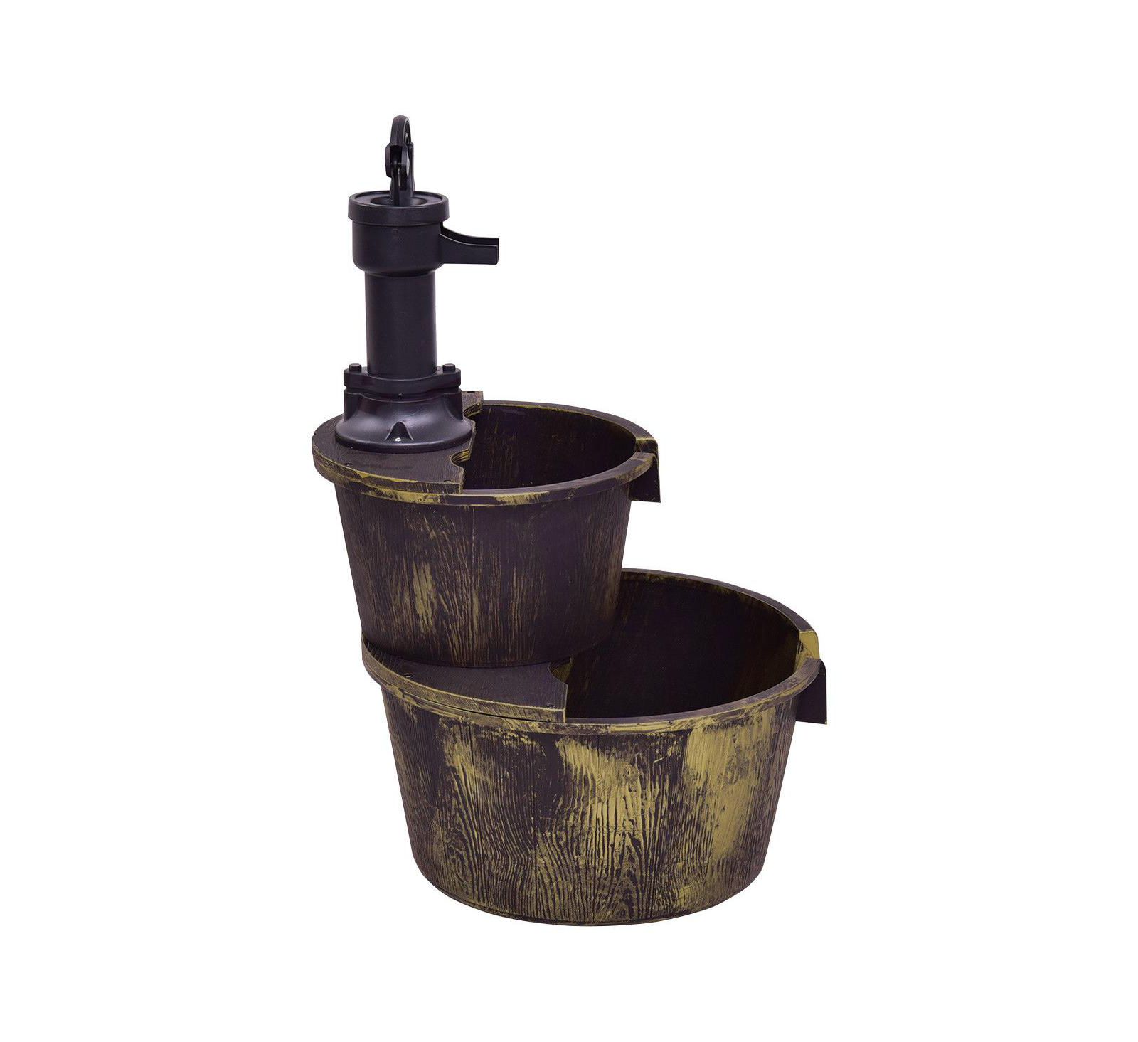 2 Tier Outdoor Garden Decor Barrel Waterfall Fountain with Pump, Carbonized Wood Build and Iron Hoop