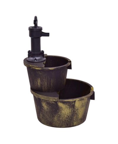2 Tier Outdoor Garden Decor Barrel Waterfall Fountain with Pump, Carbonized Wood Build and Iron Hoop