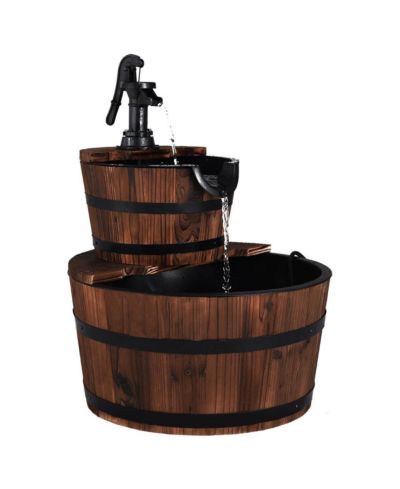 SKONYON 2-Tiers Outdoor Wooden Barrel Waterfall Fountain with Pump