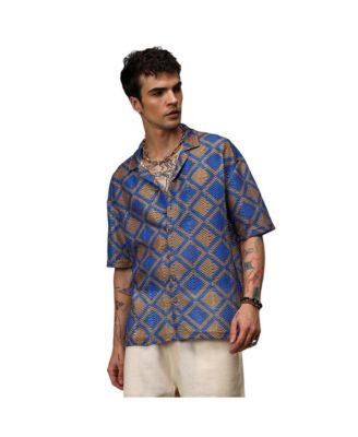 Campus Sutra Men's Royal Blue & Mocha Brown Geometric Block Oversized Shirt