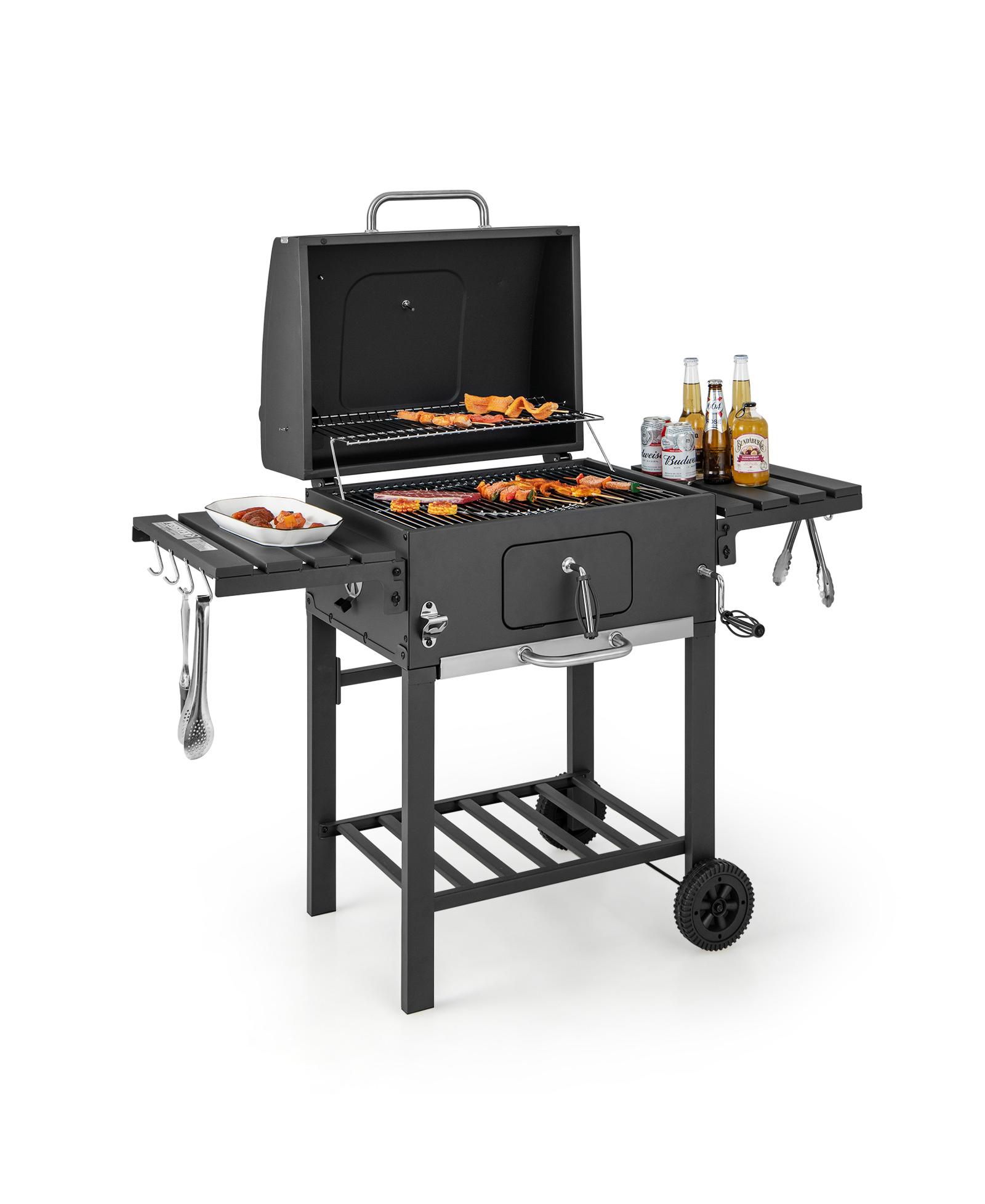 SKONYON Outdoor BBQ Charcoal Grill with 2 Foldable Side Table and Wheels