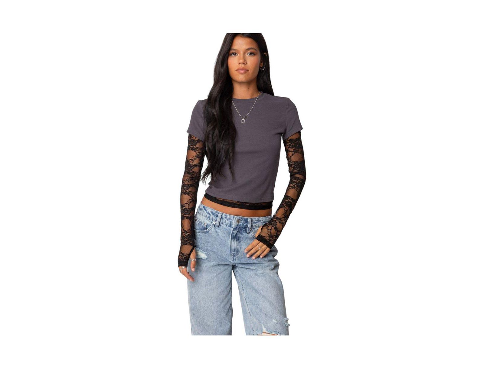 Edikted Women's Layered Lace Sleeve T Shirt