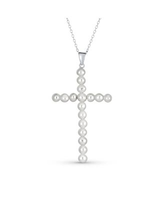 Подвеска Bling Jewelry Simple Religious Freshwater Cultured White Pearl Large Cross Necklace из стерлингового серебра