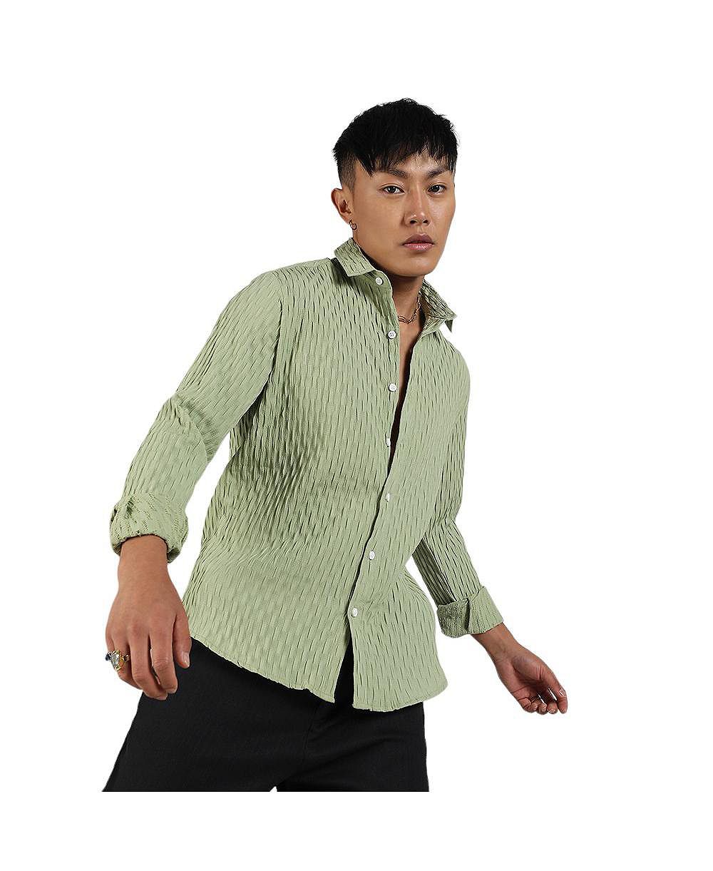 Cahoot Men's Campus Sutra Pistachio Green Crinkled-Weave Shirt