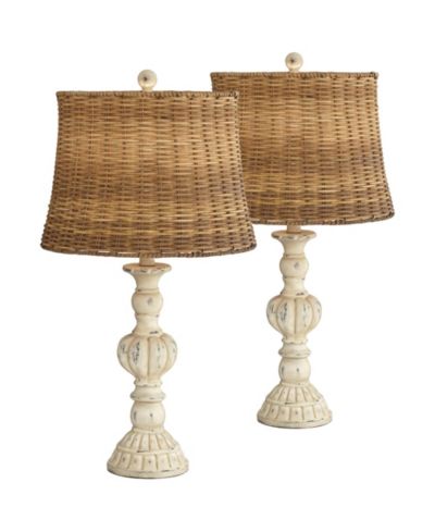 John Timberland Trinidad Country Cottage Table Lamps 26 1/2" High Set of 2 Antique White Candlestick Rattan Tapered Drum Shade for Bedroom Living Room