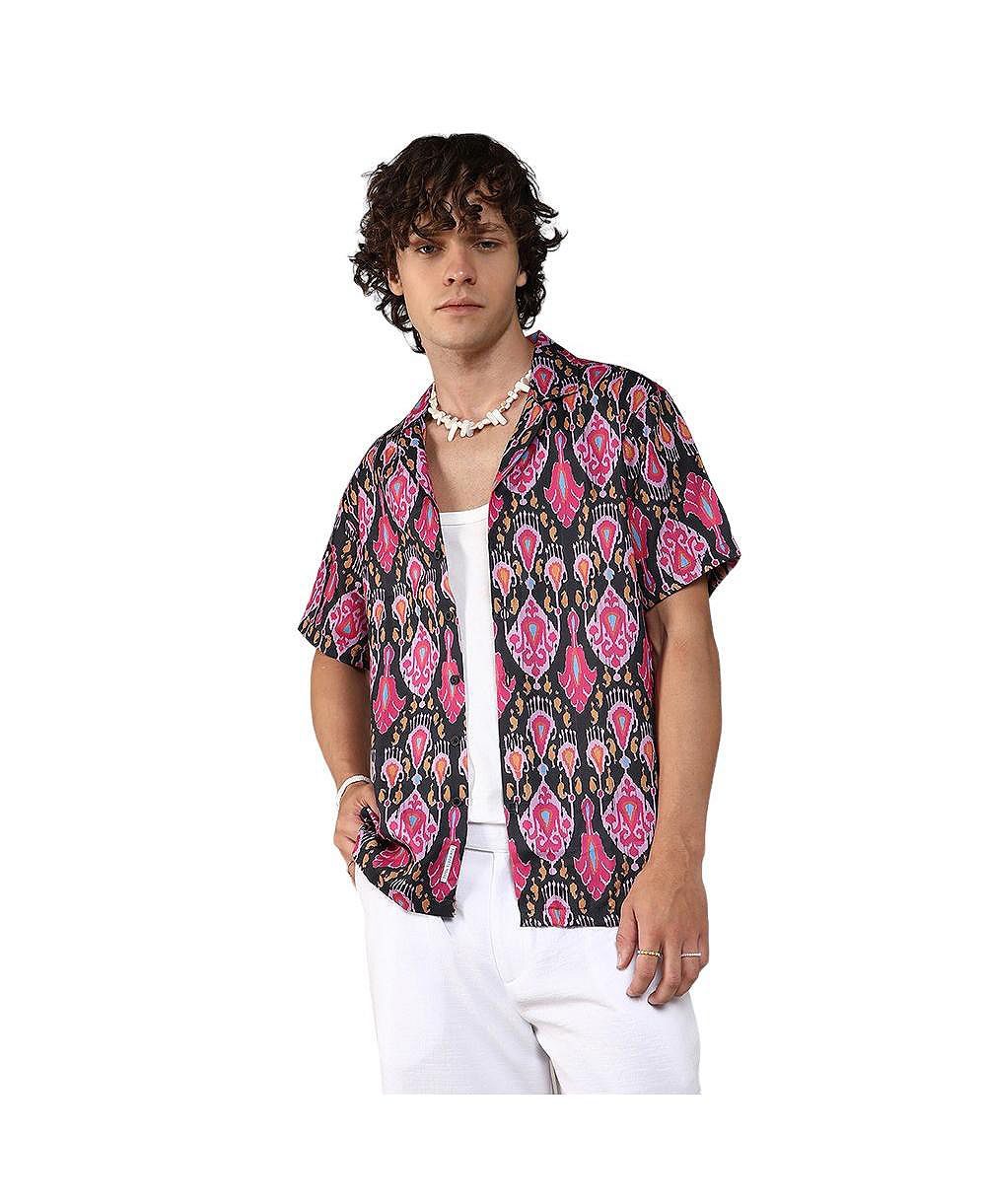 Campus Sutra Men's Midnight Black & Light Pink Ethnic Shirt