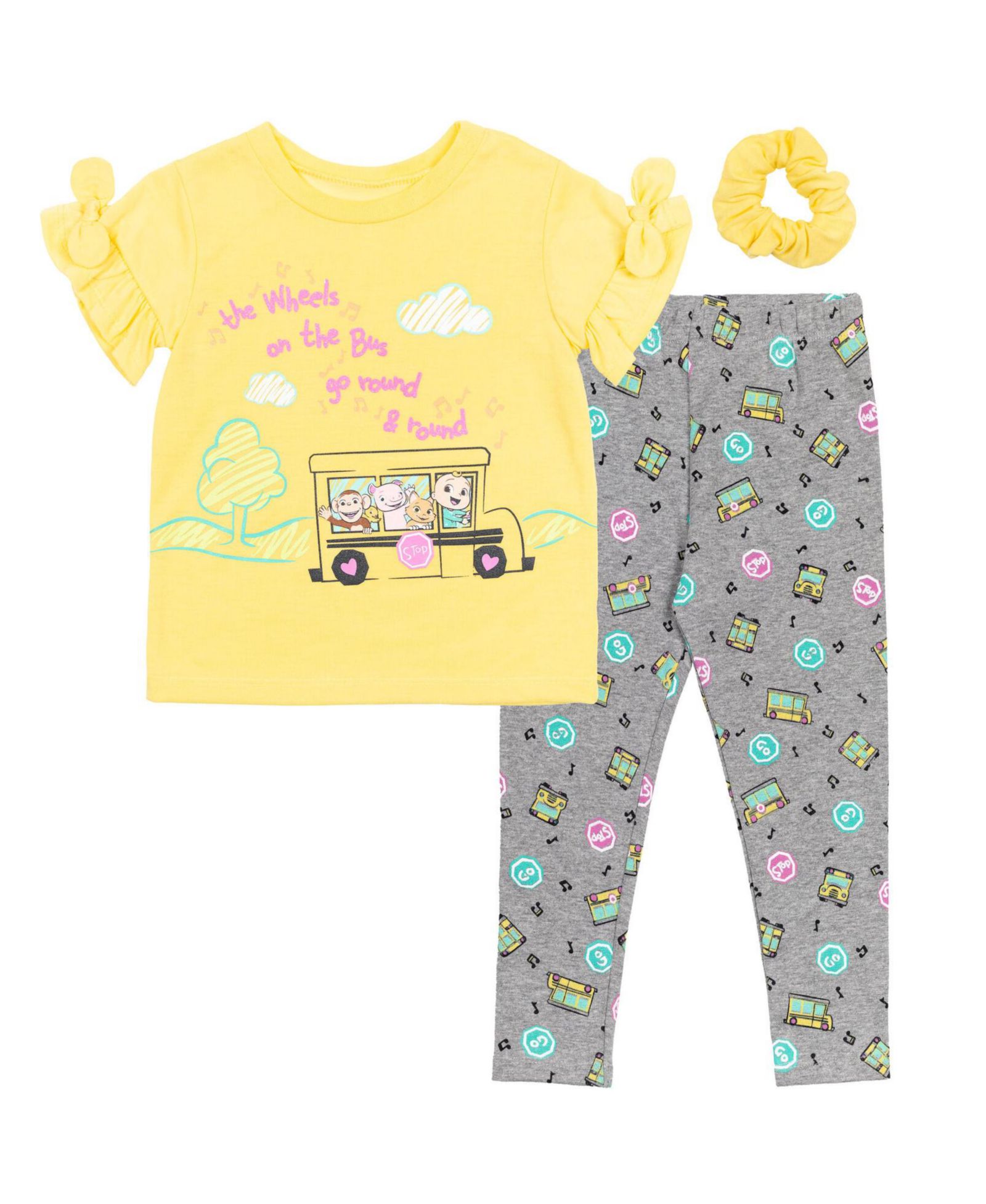 CoComelon Toddler Girls JJ T-Shirt Leggings and Scrunchie 3 Piece Outfit Set