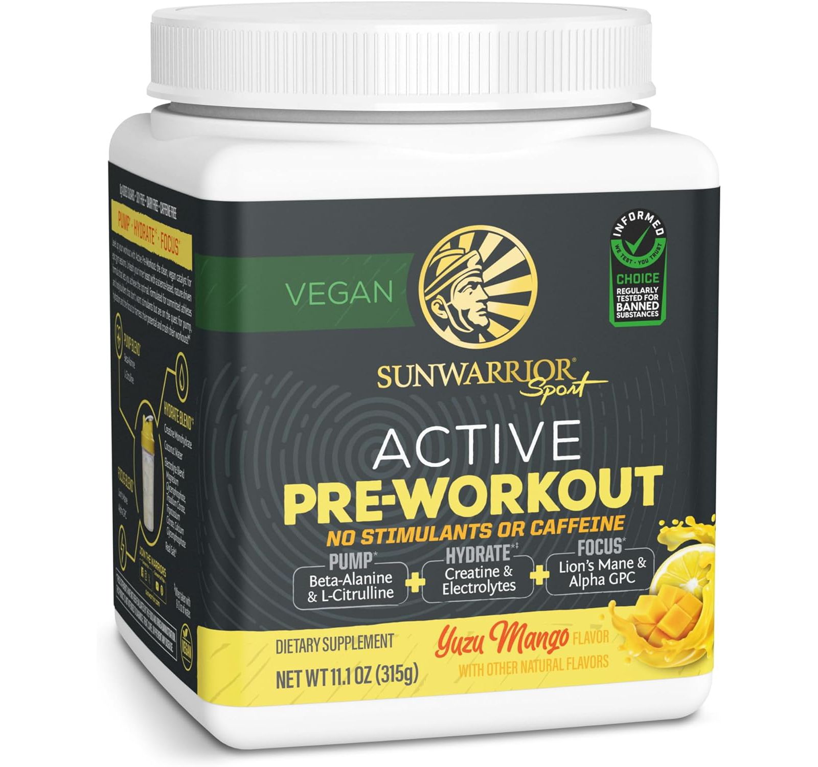 Sunwarrior US Active Pre-Workout без стимуляторов, Yuzu Mango, 315g