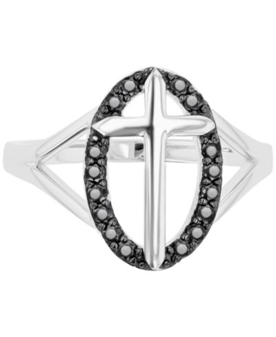 Black Spinel Oval Halo Cross Ring (1/3 ct. t.w.) in Sterling Silver