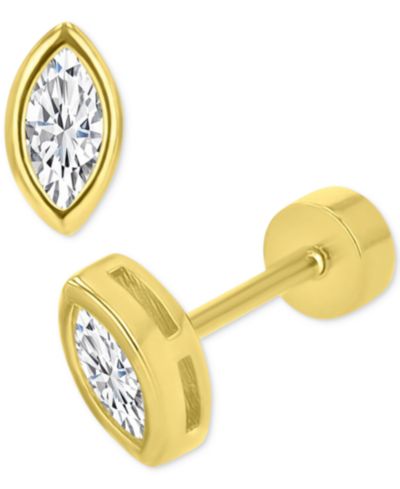 Cubic Zirconia Marquise Bezel Screw Back Stud Earrings in 14k Gold-Plated Sterling Silver