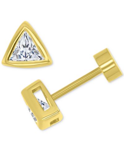 Cubic Zirconia Triangle Bezel Screw Back Stud Earrings in 14k Gold-Plated Sterling Silver