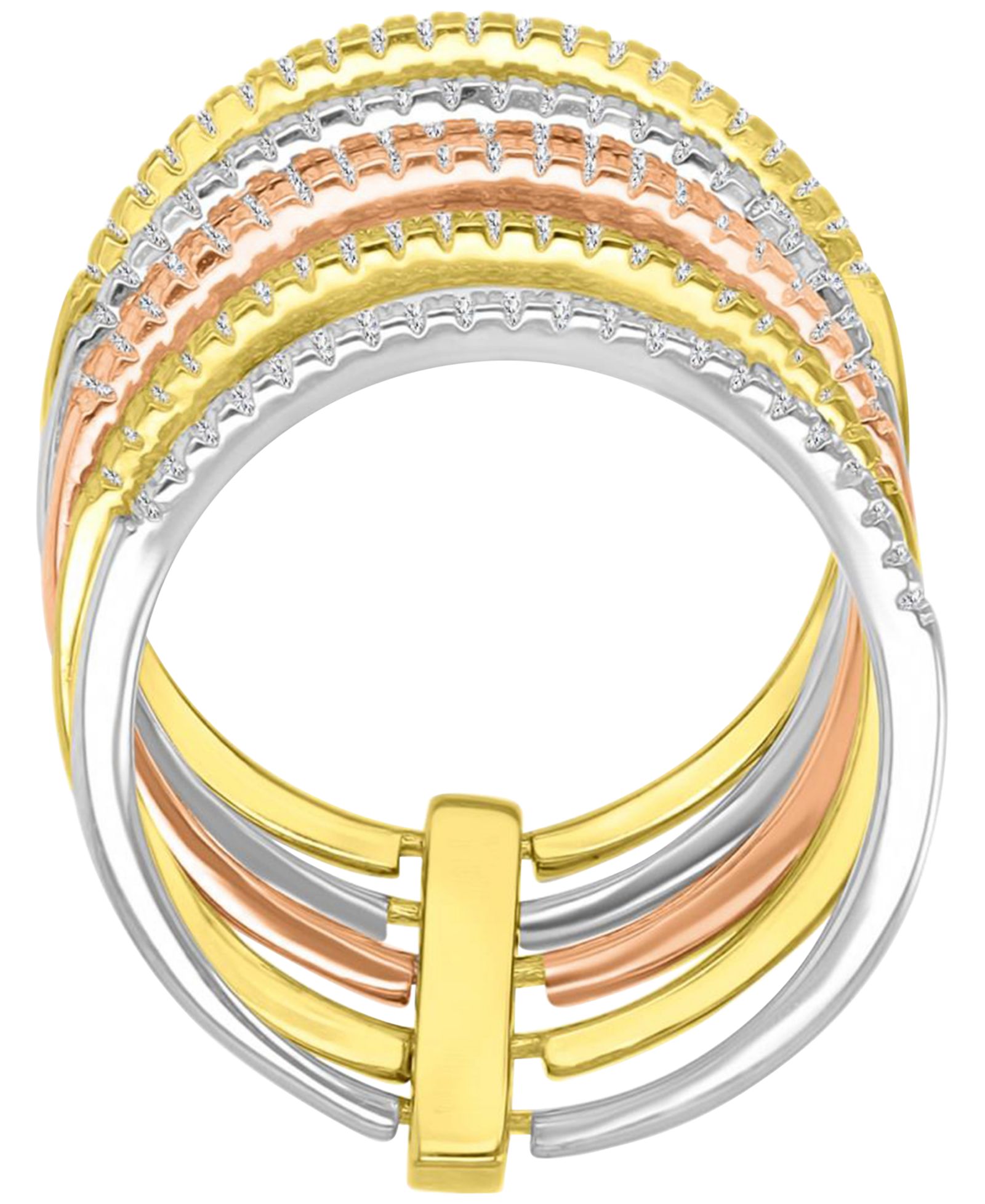 Cubic Zirconia Multi-Layer Statement Ring in Sterling Silver, & 14k Gold- & 14k Rose Gold-Plate