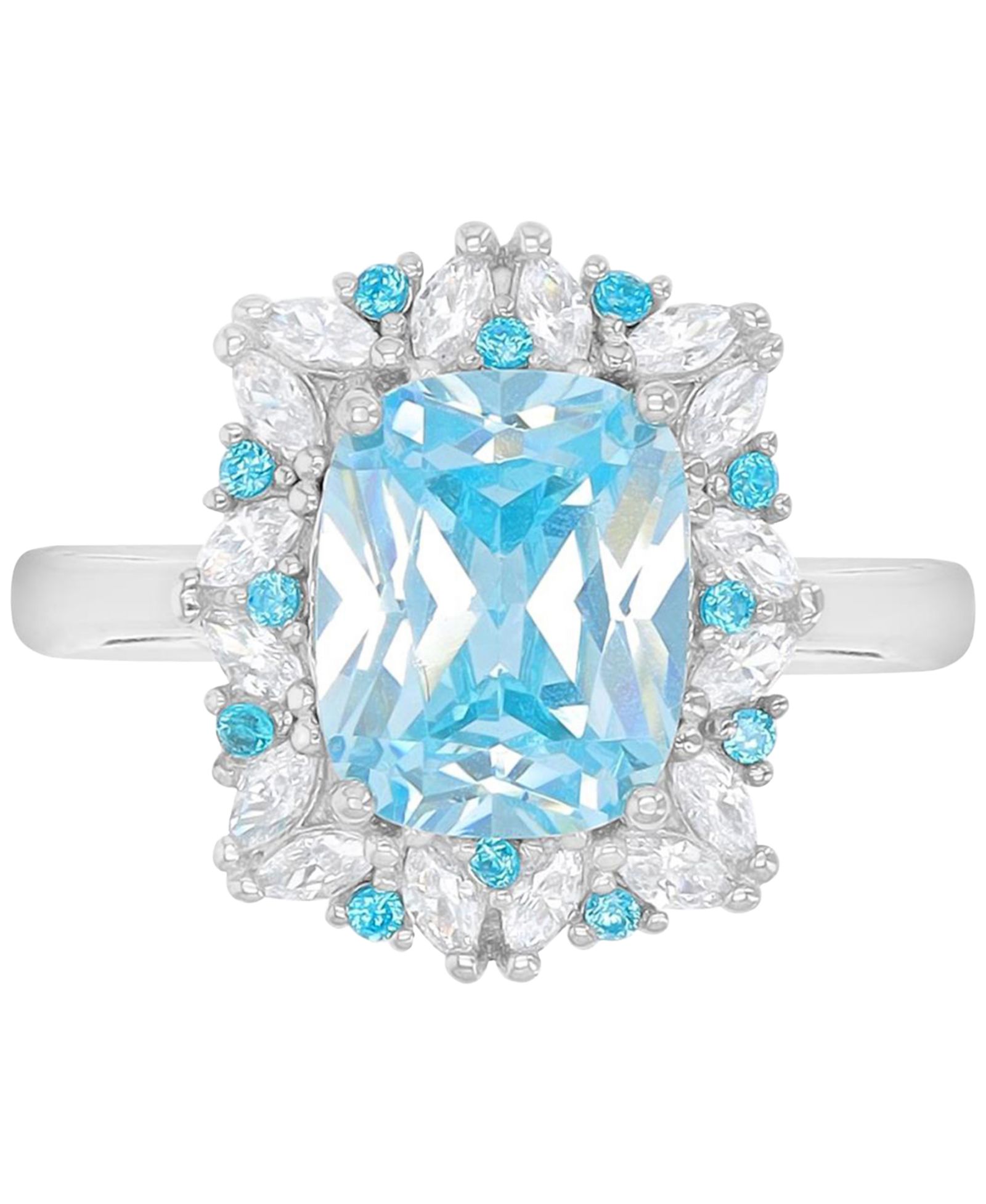 Blue & White Cubic Zirconia Mixed Cut Halo Ring in Sterling Silver