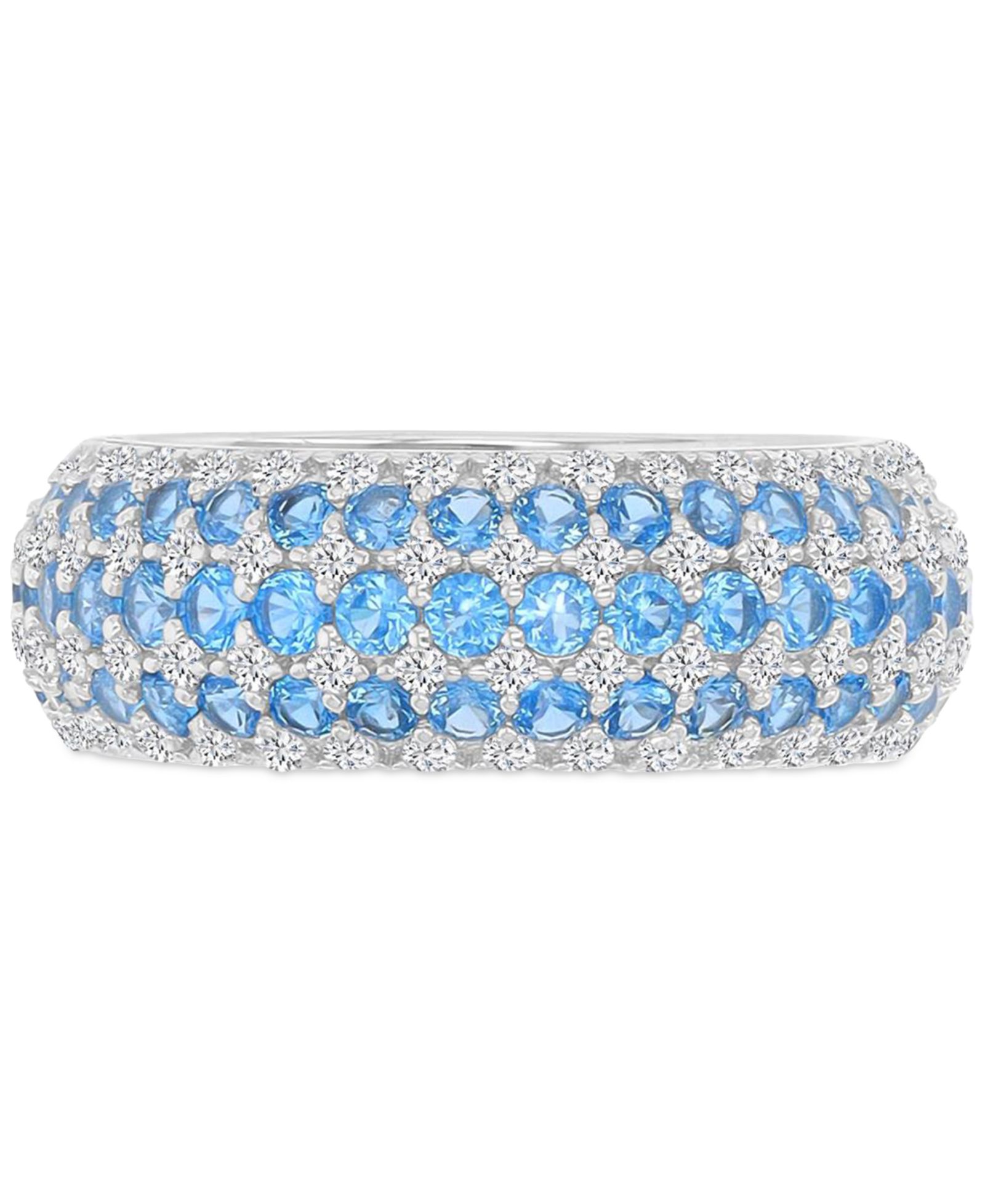 Blue & White Cubic Zirconia Multirow Wide Width Band in Sterling Silver