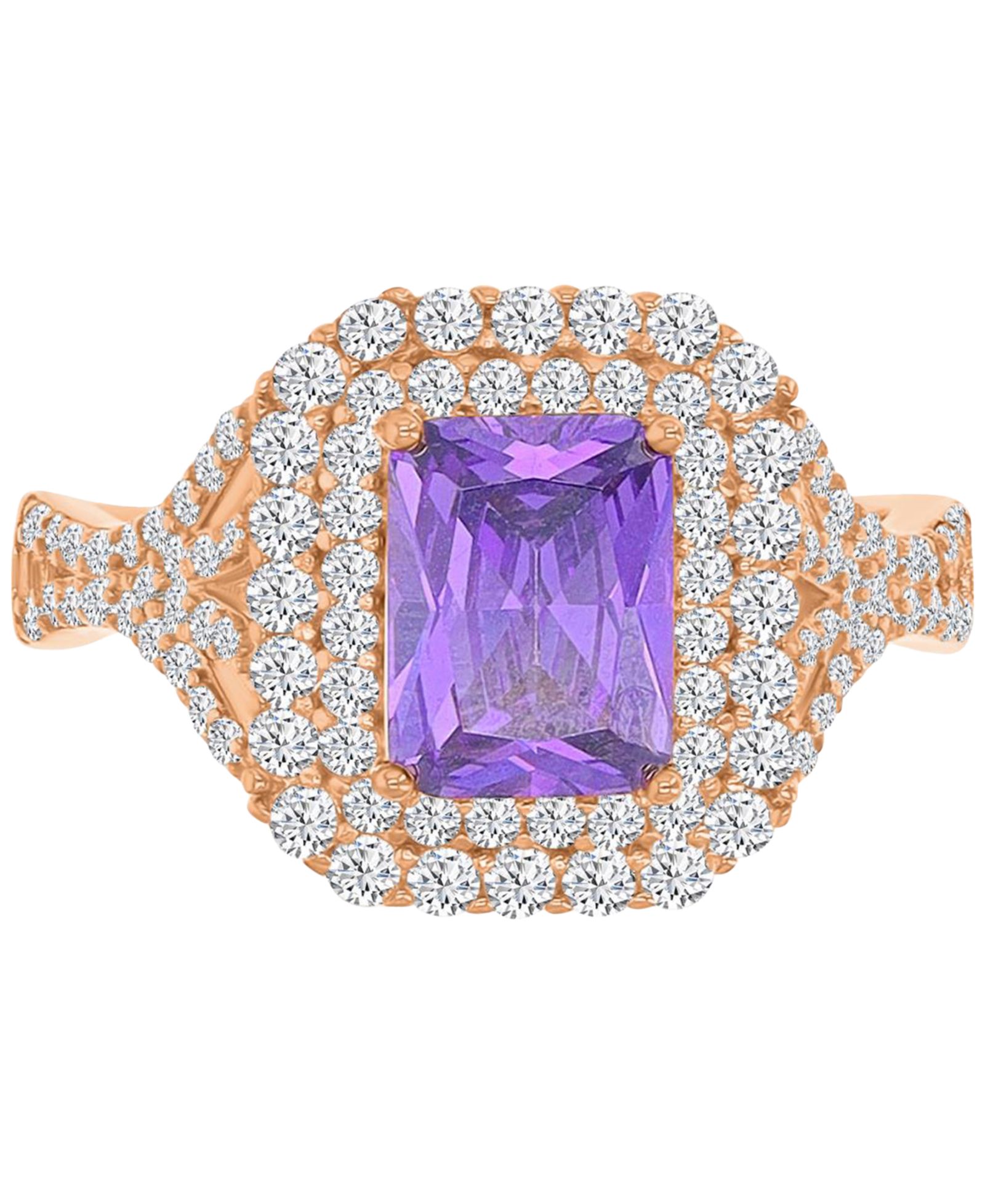 Purple & White Cubic Zirconia Double Halo Statement Ring in 14k Rose Gold-Plated Sterling Silver
