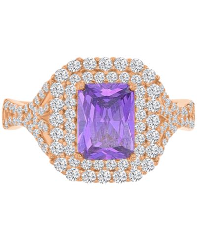 Purple & White Cubic Zirconia Double Halo Statement Ring in 14k Rose Gold-Plated Sterling Silver